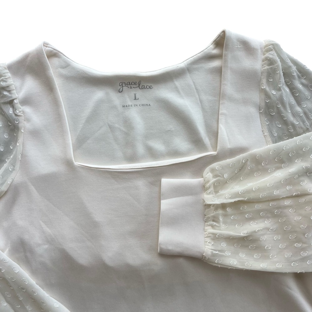 Grace & Lace L Ivory Lux Knit Square Neck Swiss Dot Long Balloon Sleeve Top Chic